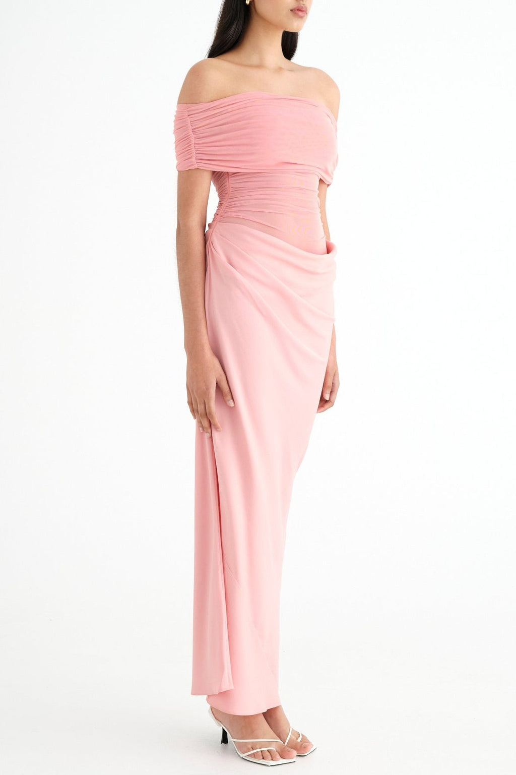 Flowering Girl Women Reanko Off Shoulder Ruched Mesh Maxi Dress - Pink