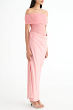 Flowering Girl Women Reanko Off Shoulder Ruched Mesh Maxi Dress - Pink