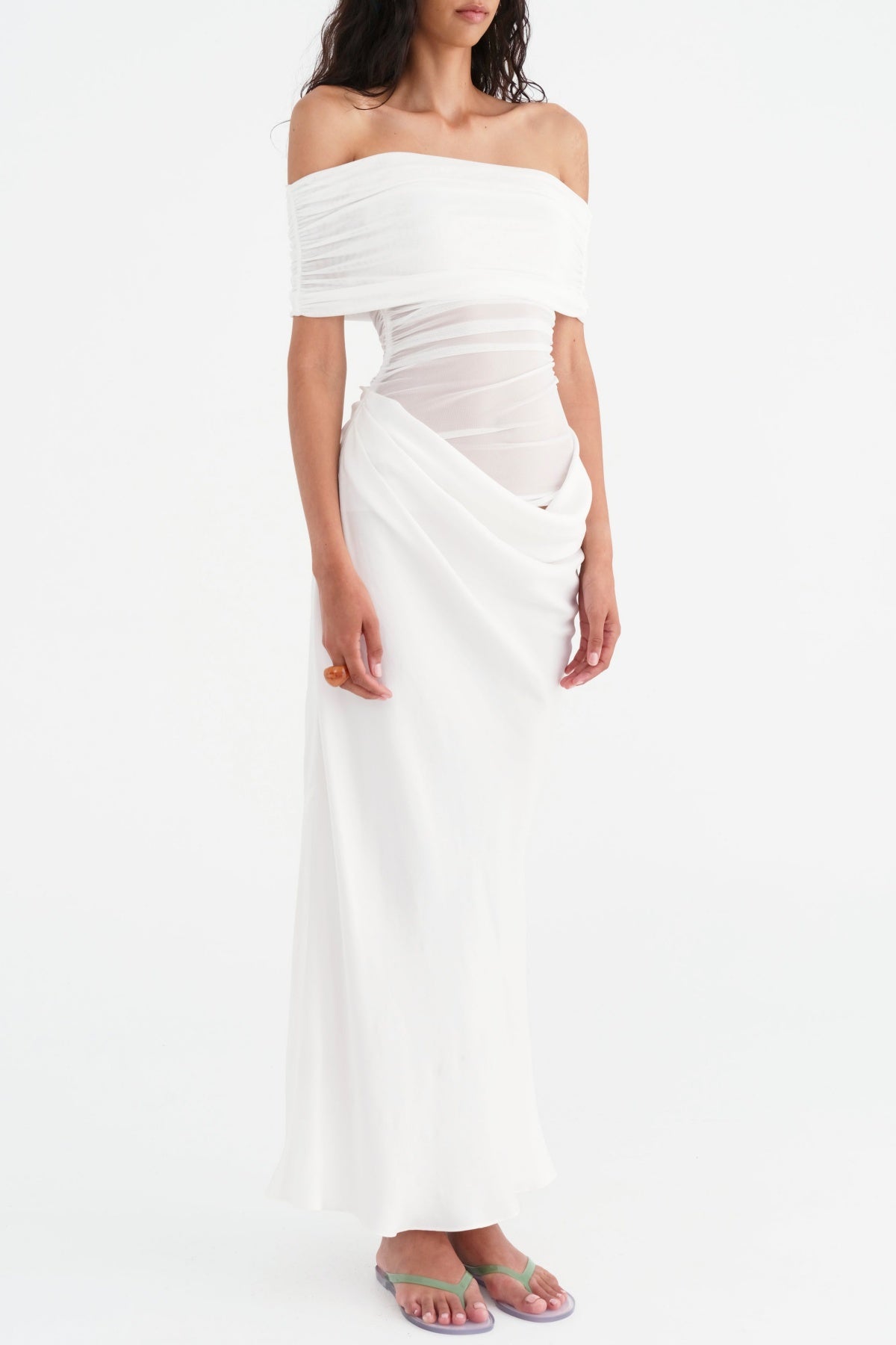 Flowering Girl Women Reanko Off Shoulder Ruched Mesh Maxi Dress - White