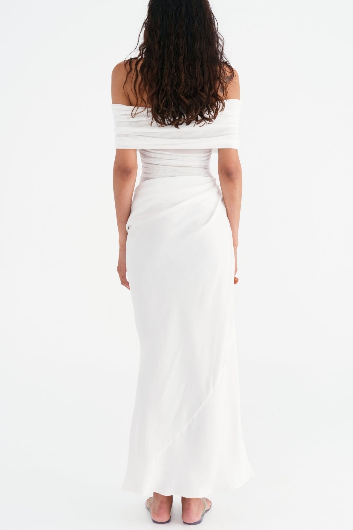 Flowering Girl Women Reanko Off Shoulder Ruched Mesh Maxi Dress - White