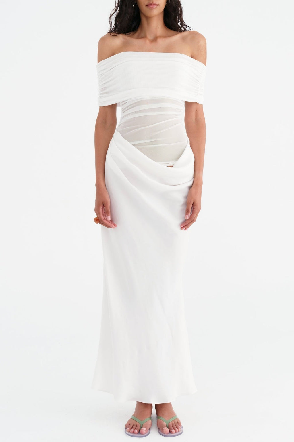 Flowering Girl Women Reanko Off Shoulder Ruched Mesh Maxi Dress - White