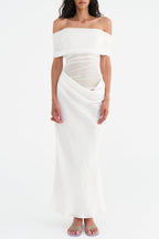 Flowering Girl Women Reanko Off Shoulder Ruched Mesh Maxi Dress - White