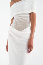 Flowering Girl Women Reanko Off Shoulder Ruched Mesh Maxi Dress - White