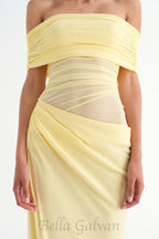 Flowering Girl Women Reanko Off Shoulder Ruched Mesh Maxi Dress - Yellow