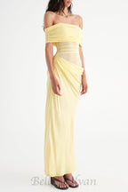 Flowering Girl Women Reanko Off Shoulder Ruched Mesh Maxi Dress - Yellow