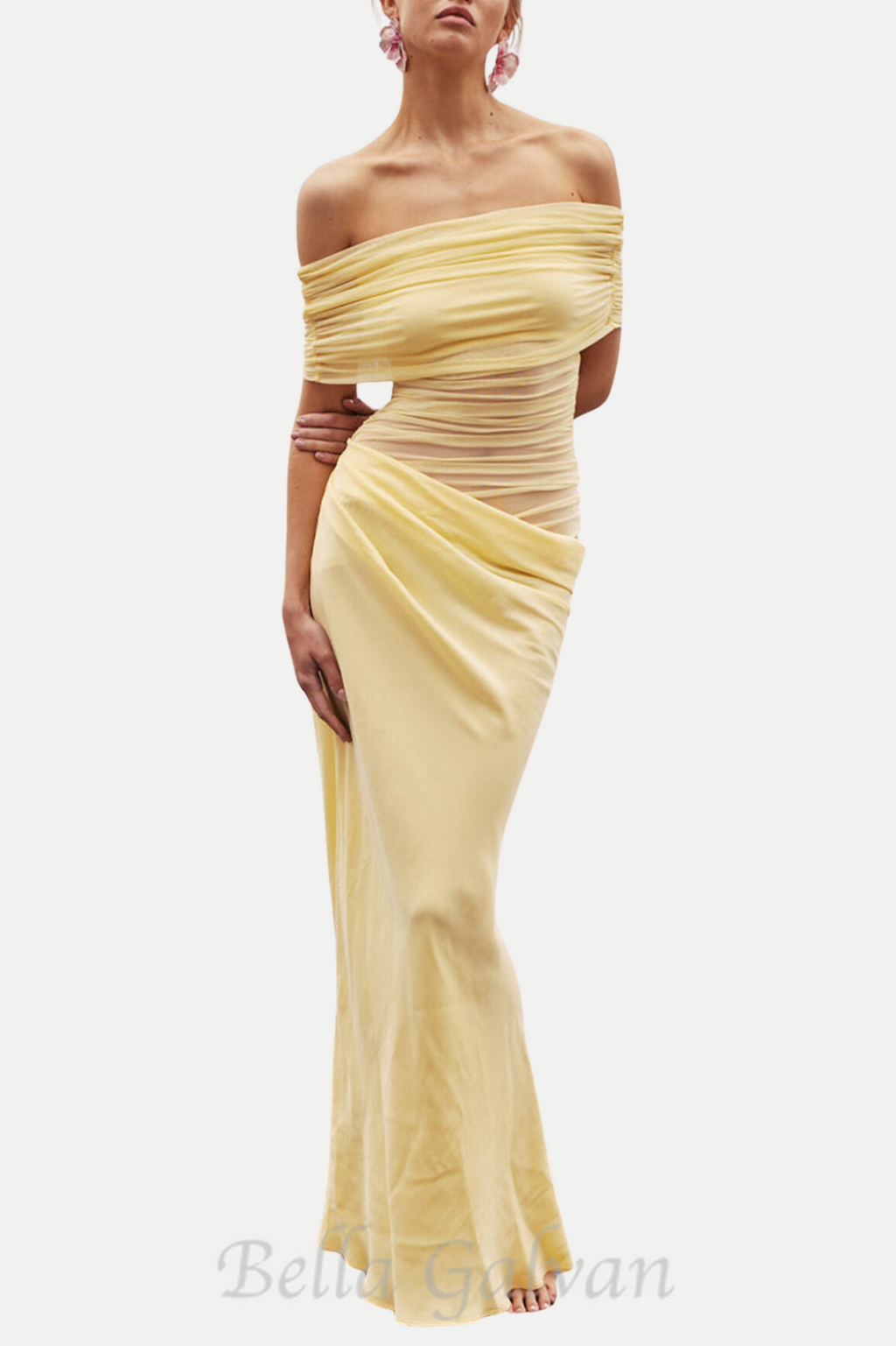 Flowering Girl Women Reanko Off Shoulder Ruched Mesh Maxi Dress - Yellow