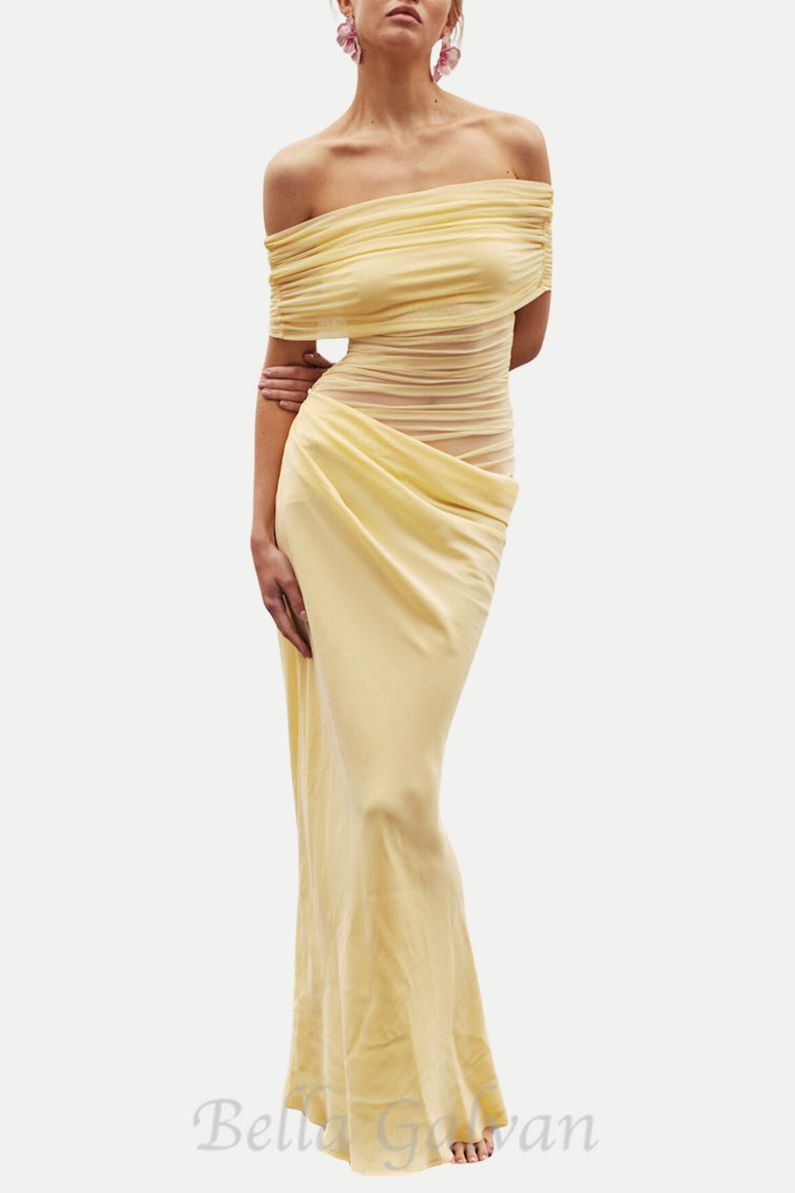 Flowering Girl Women Reanko Off Shoulder Ruched Mesh Maxi Dress - Yellow