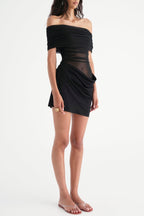 Flowering Girl Women Reanko Off Shoulder Ruched Mesh Mini Dress - Black