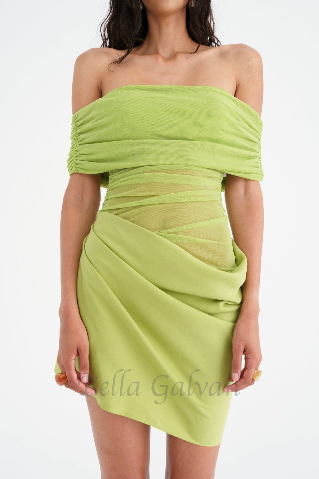 Flowering Girl Women Off Shoulder Ruched Mesh Mini Dress in Green