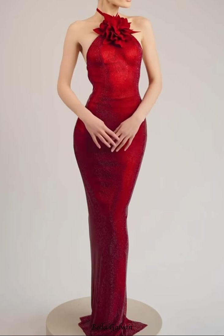 Flowering Girl Women ursula 3d flower sequin halter maxi dress in red