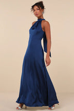 Flowering Girl Women Regal Loveliness Blue Satin Pleated Mock Neck Maxi Dress