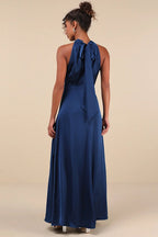 Flowering Girl Women Regal Loveliness Blue Satin Pleated Mock Neck Maxi Dress