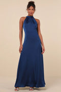 Flowering Girl Women Regal Loveliness Blue Satin Pleated Mock Neck Maxi Dress