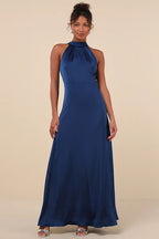 Flowering Girl Women Regal Loveliness Blue Satin Pleated Mock Neck Maxi Dress