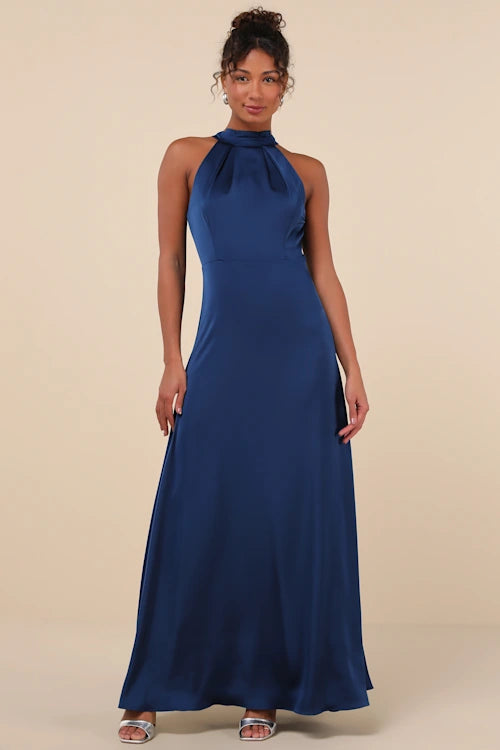 Flowering Girl Women Regal Loveliness Blue Satin Pleated Mock Neck Maxi Dress