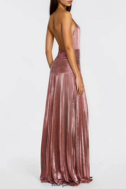 Reinel Halter Metallic Pleated Maxi Dress - Pink