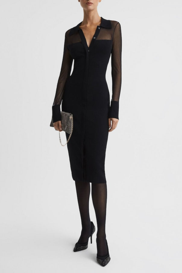 Flowering Girl Women Sheer Knitted Button-Through Midi Dress In Black