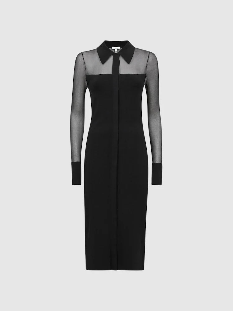 Flowering Girl Women Sheer Knitted Button-Through Midi Dress In Black