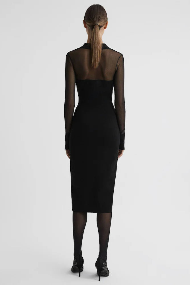 Flowering Girl Women Sheer Knitted Button-Through Midi Dress In Black
