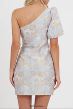 one-shoulder jacquard mini dress in blue-multi