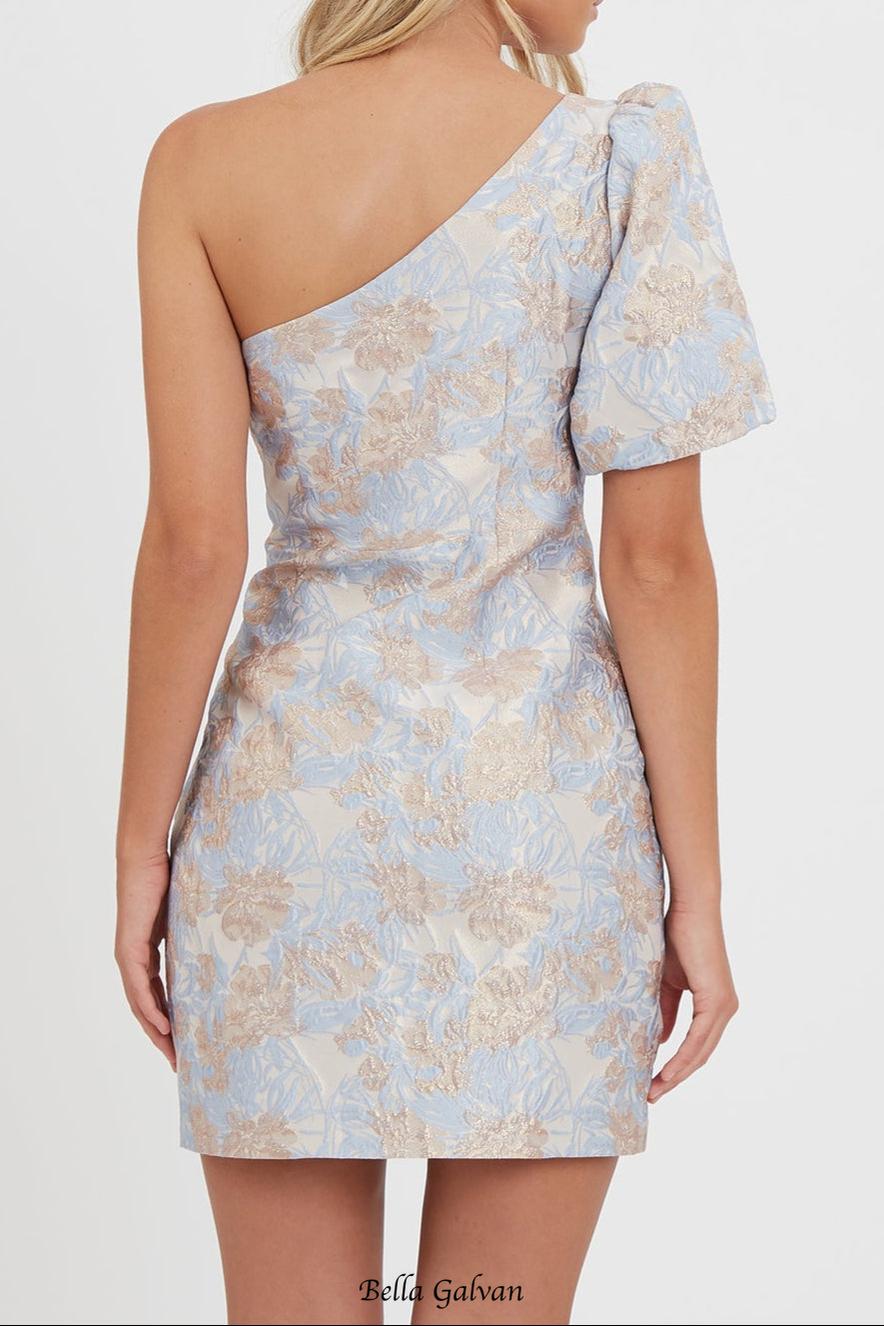 one-shoulder jacquard mini dress in blue-multi