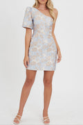 one-shoulder jacquard mini dress in blue-multi