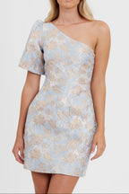 one-shoulder jacquard mini dress in blue-multi