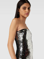 Off-Shoulder sequin embellished mini dress in silver