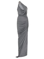 Flowering Girl Women One-Shoulder Sleeveless Ruched Bodycon Maxi Dress In Grey