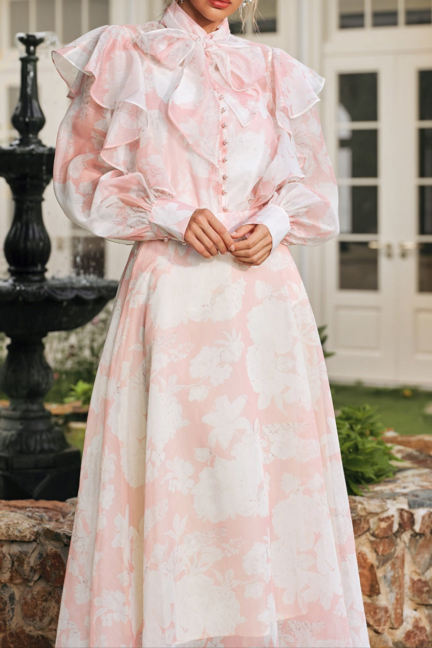 Amanda High Neck Floral Organza Blouse Maxi Skirt Set In Pink