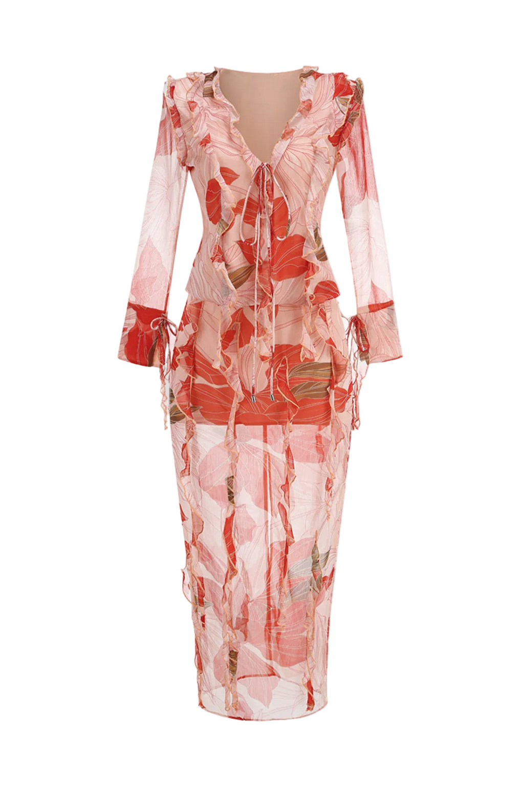 Rolana Floral Print Ruffle Blouse & Maxi Skirt Set