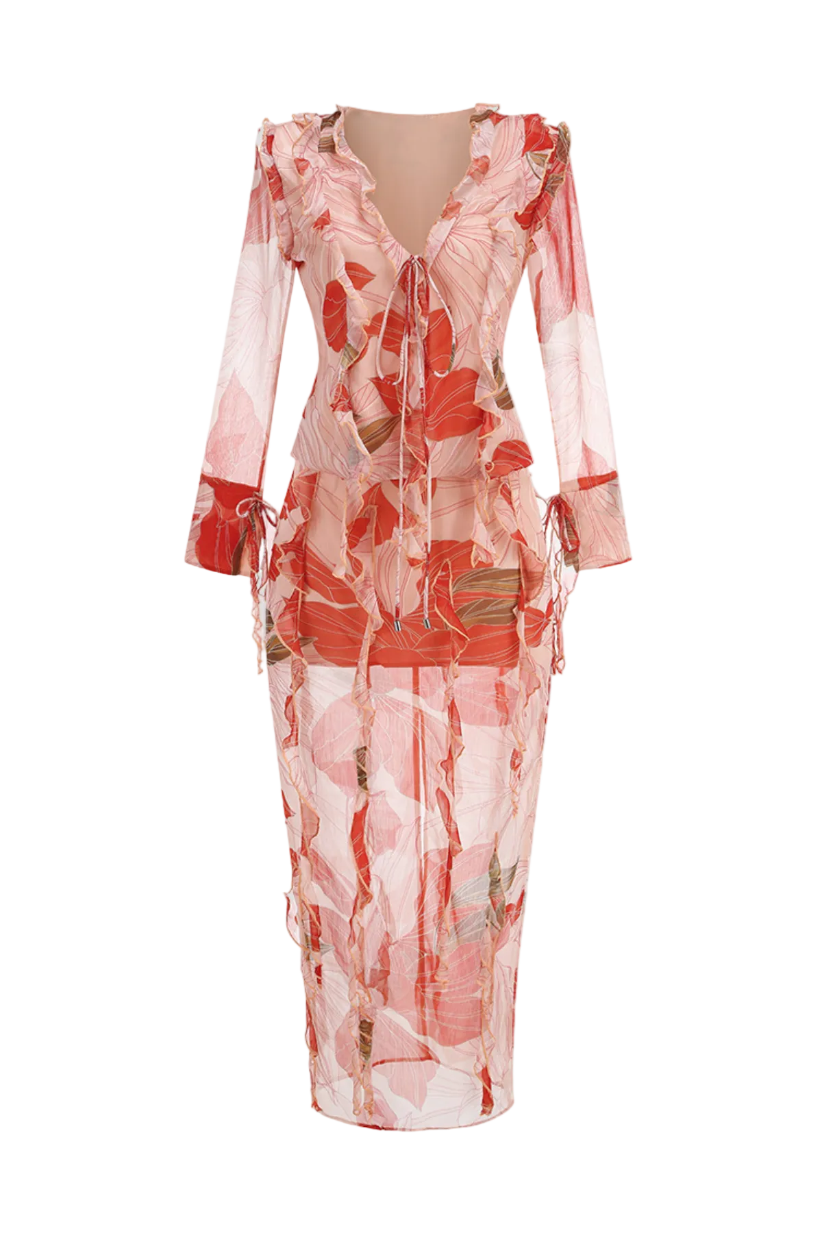Rolana Floral Print Ruffle Blouse & Maxi Skirt Set