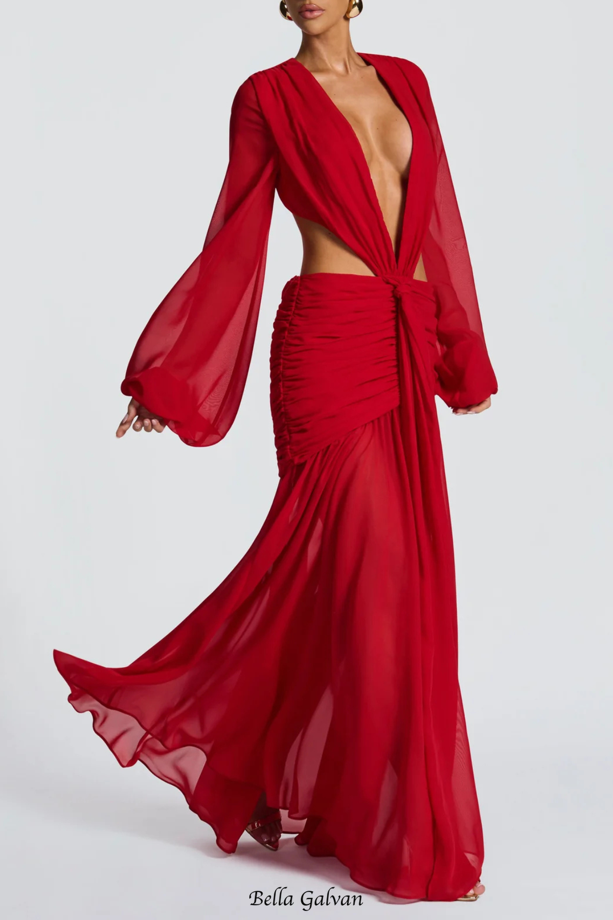 Roniny Cutout Chiffon Draped Maxi Dress - Red