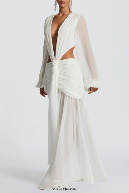 Roniny Cutout Chiffon Draped Maxi Dress - White