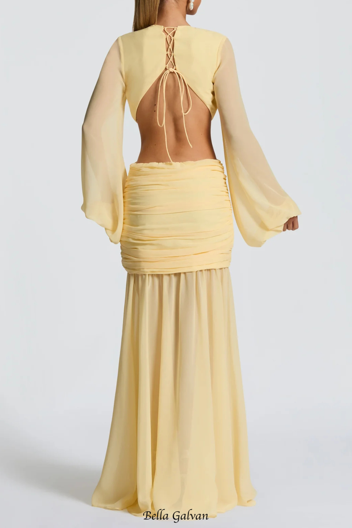 Roniny Cutout Chiffon Draped Maxi Dress - Yellow
