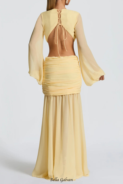 Roniny Cutout Chiffon Draped Maxi Dress - Yellow