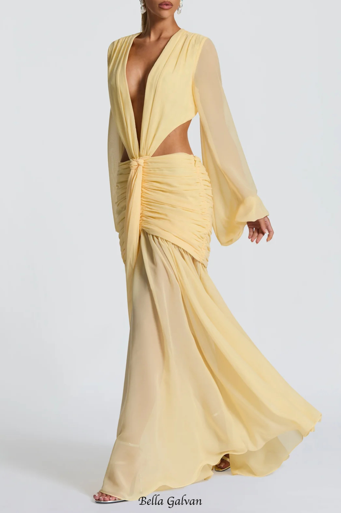Roniny Cutout Chiffon Draped Maxi Dress - Yellow