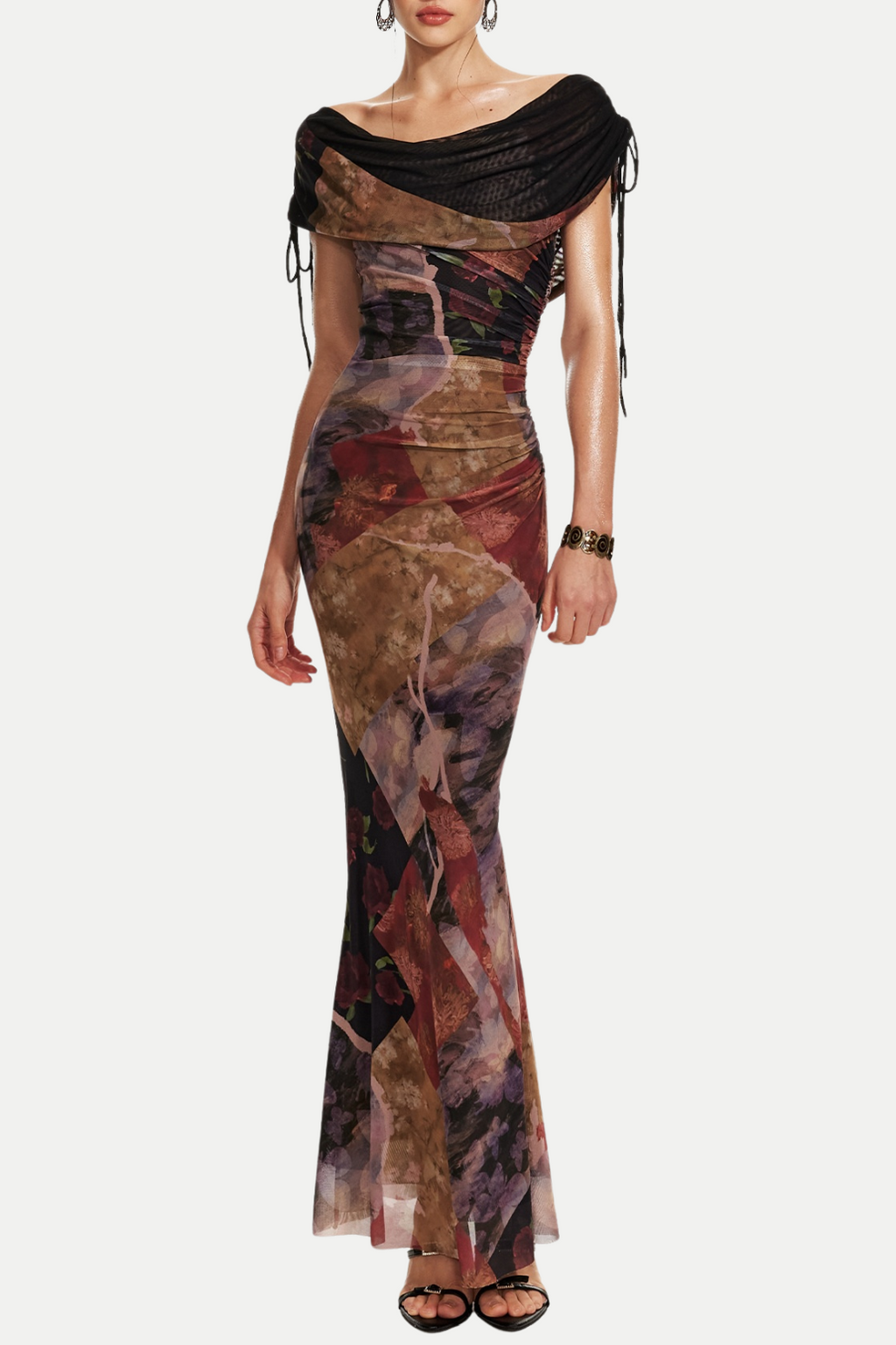 Flowering Girl Women Rosala Print Mesh Off Shoulder Maxi Dress