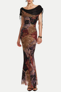 Flowering Girl Women Rosala Print Mesh Off Shoulder Maxi Dress