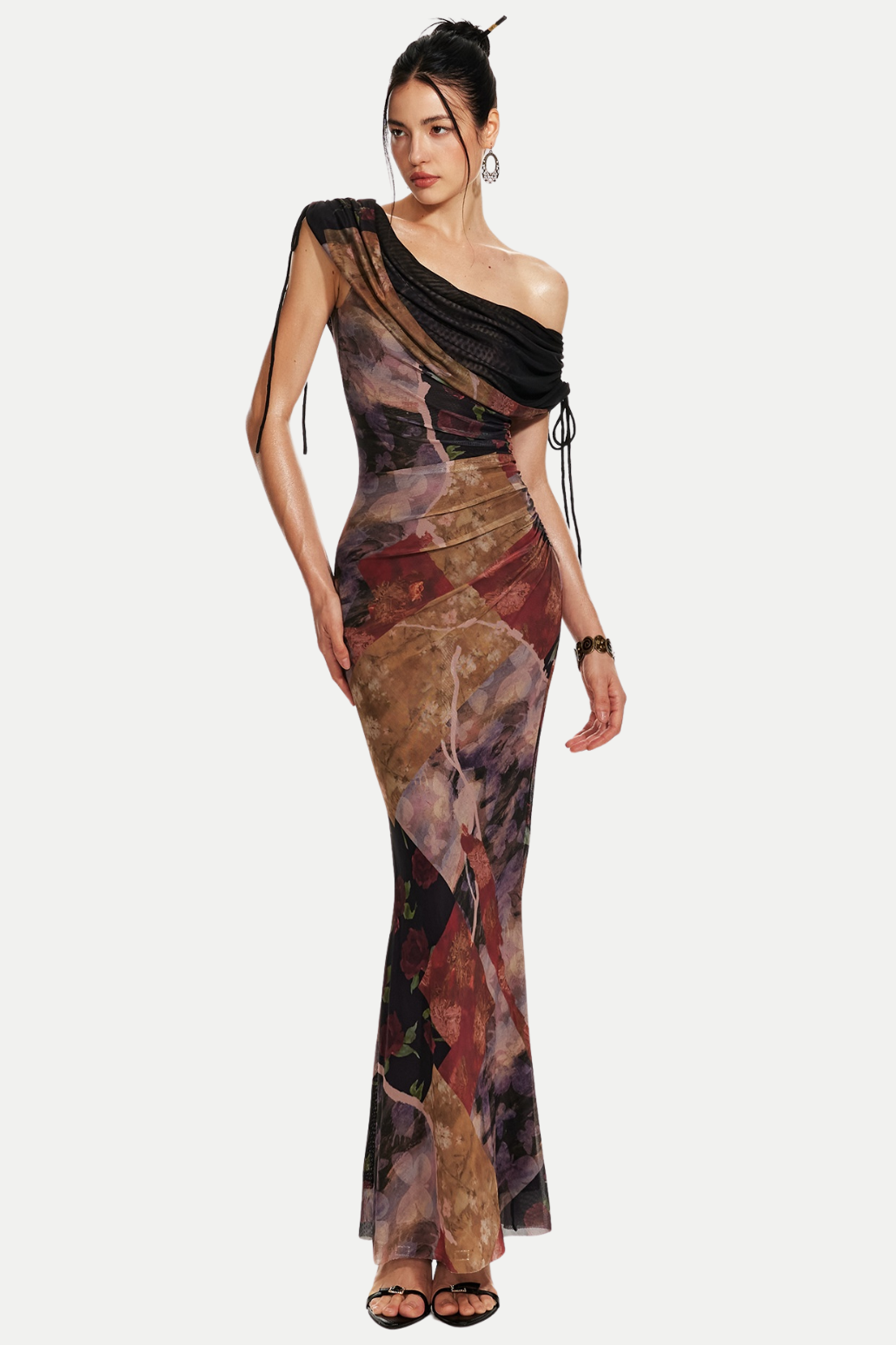 Flowering Girl Women Rosala Print Mesh Off Shoulder Maxi Dress