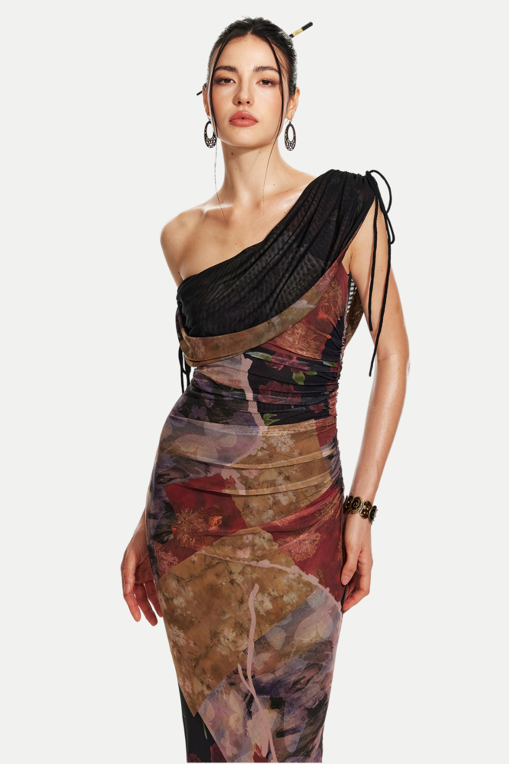 Flowering Girl Women Rosala Print Mesh Off Shoulder Maxi Dress