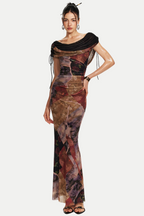 Flowering Girl Women Rosala Print Mesh Off Shoulder Maxi Dress