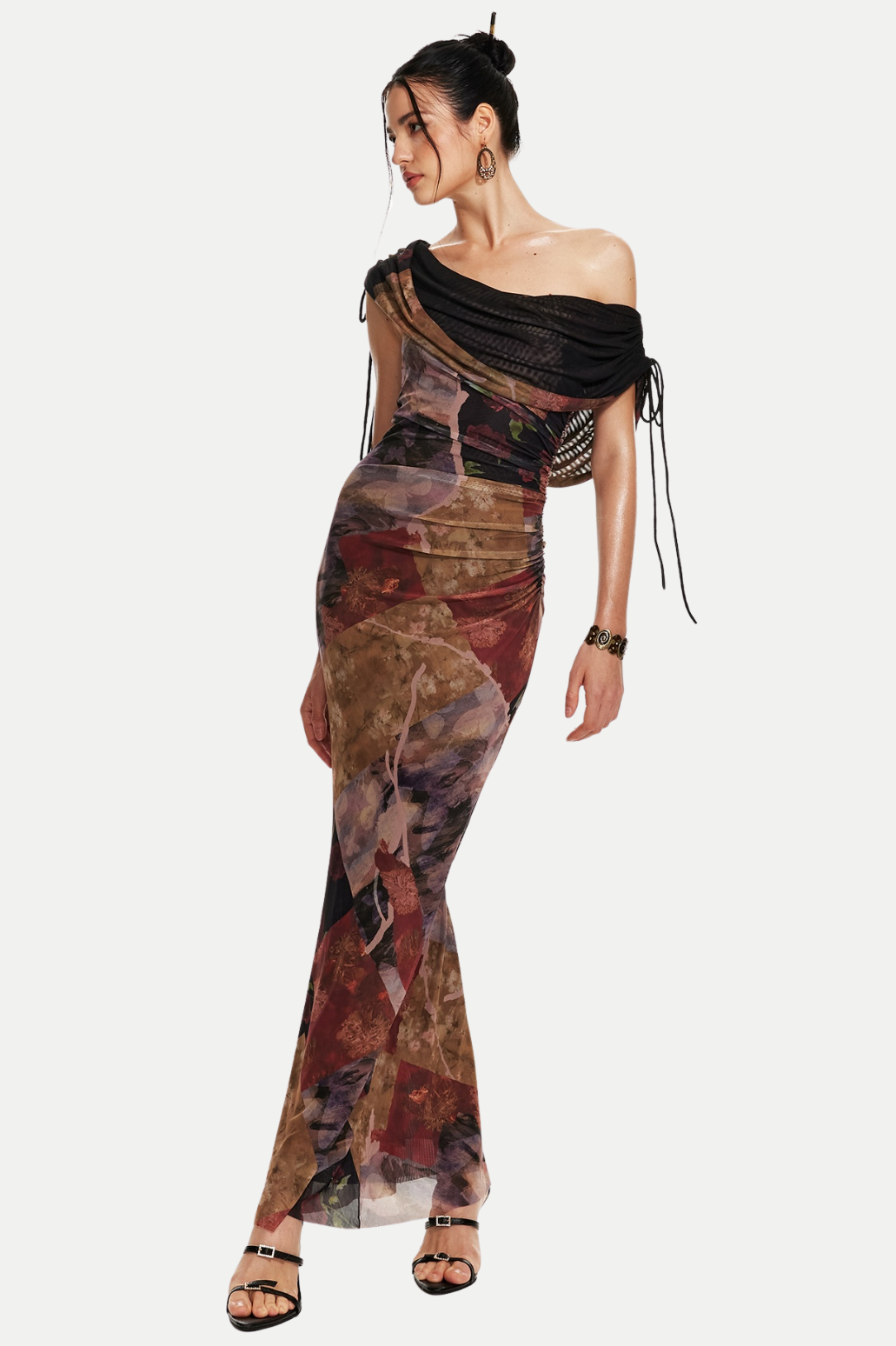 Flowering Girl Women Rosala Print Mesh Off Shoulder Maxi Dress