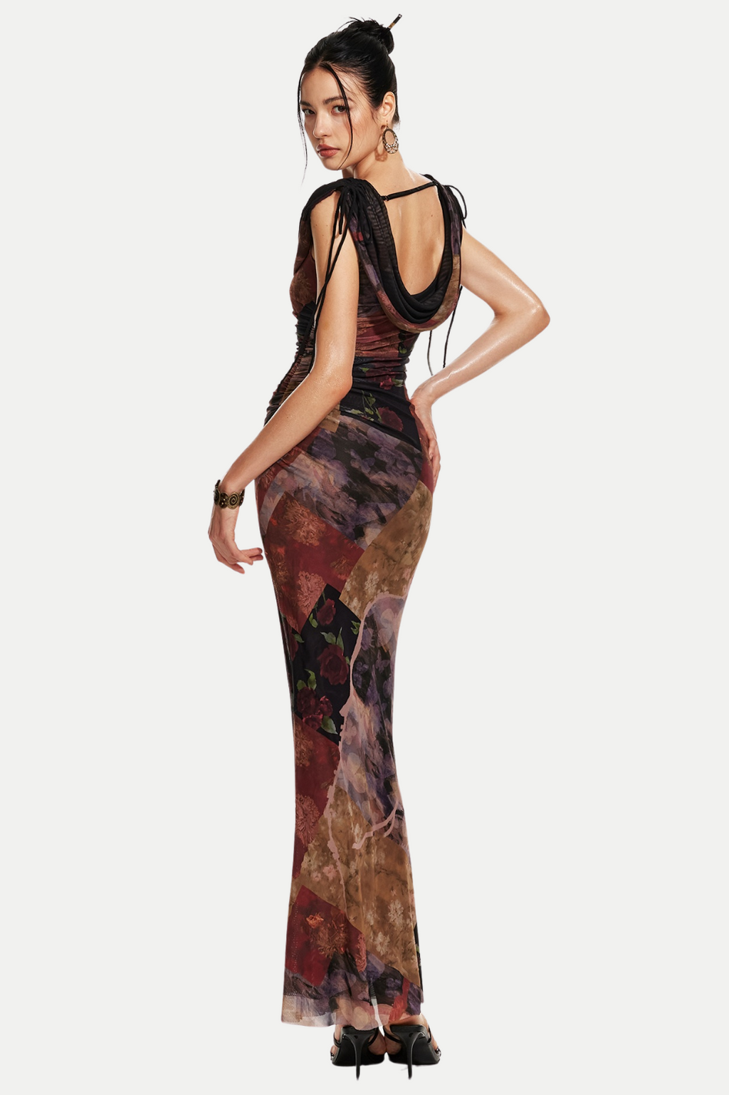 Flowering Girl Women Rosala Print Mesh Off Shoulder Maxi Dress