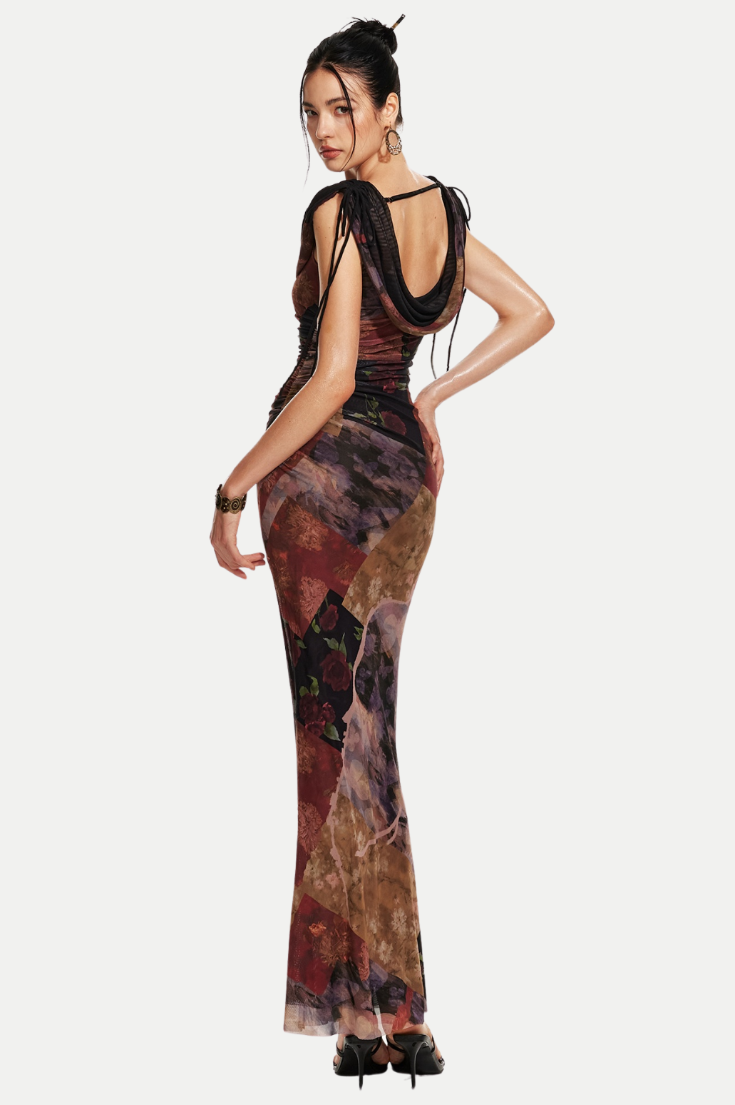 Flowering Girl Women Rosala Print Mesh Off Shoulder Maxi Dress