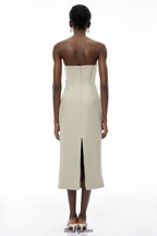 angela Asymmetrical Off Shoulder Midi Dress in Khaki