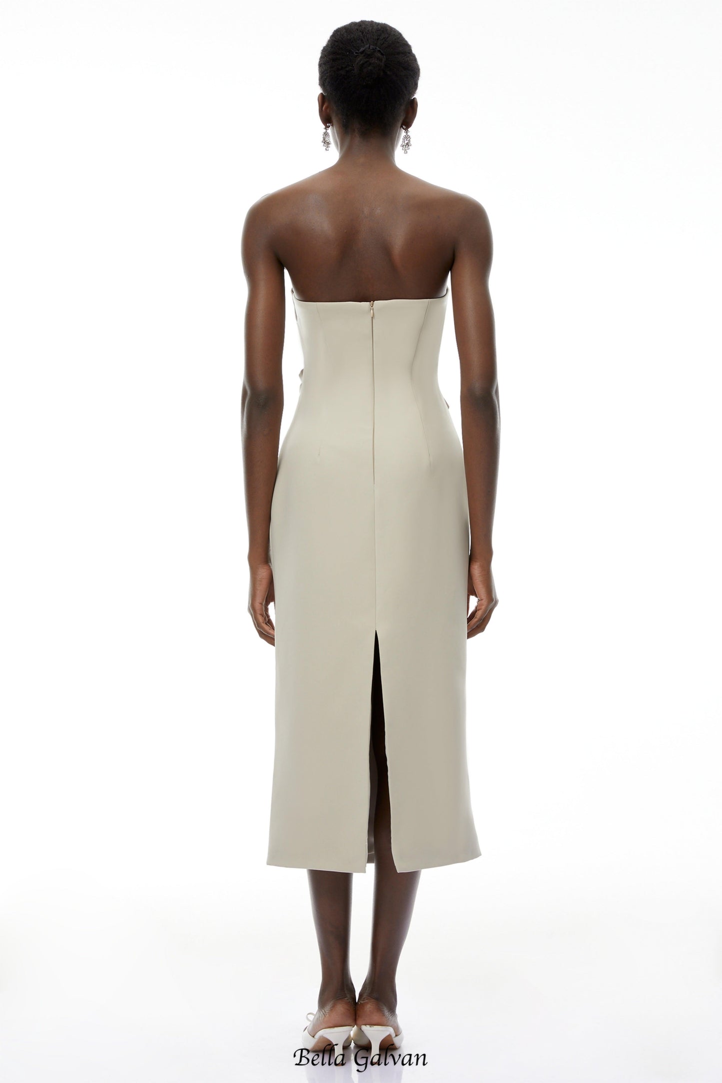 angela Asymmetrical Off Shoulder Midi Dress in Khaki
