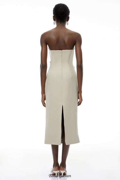 angela Asymmetrical Off Shoulder Midi Dress in Khaki