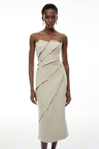 angela Asymmetrical Off Shoulder Midi Dress in Khaki