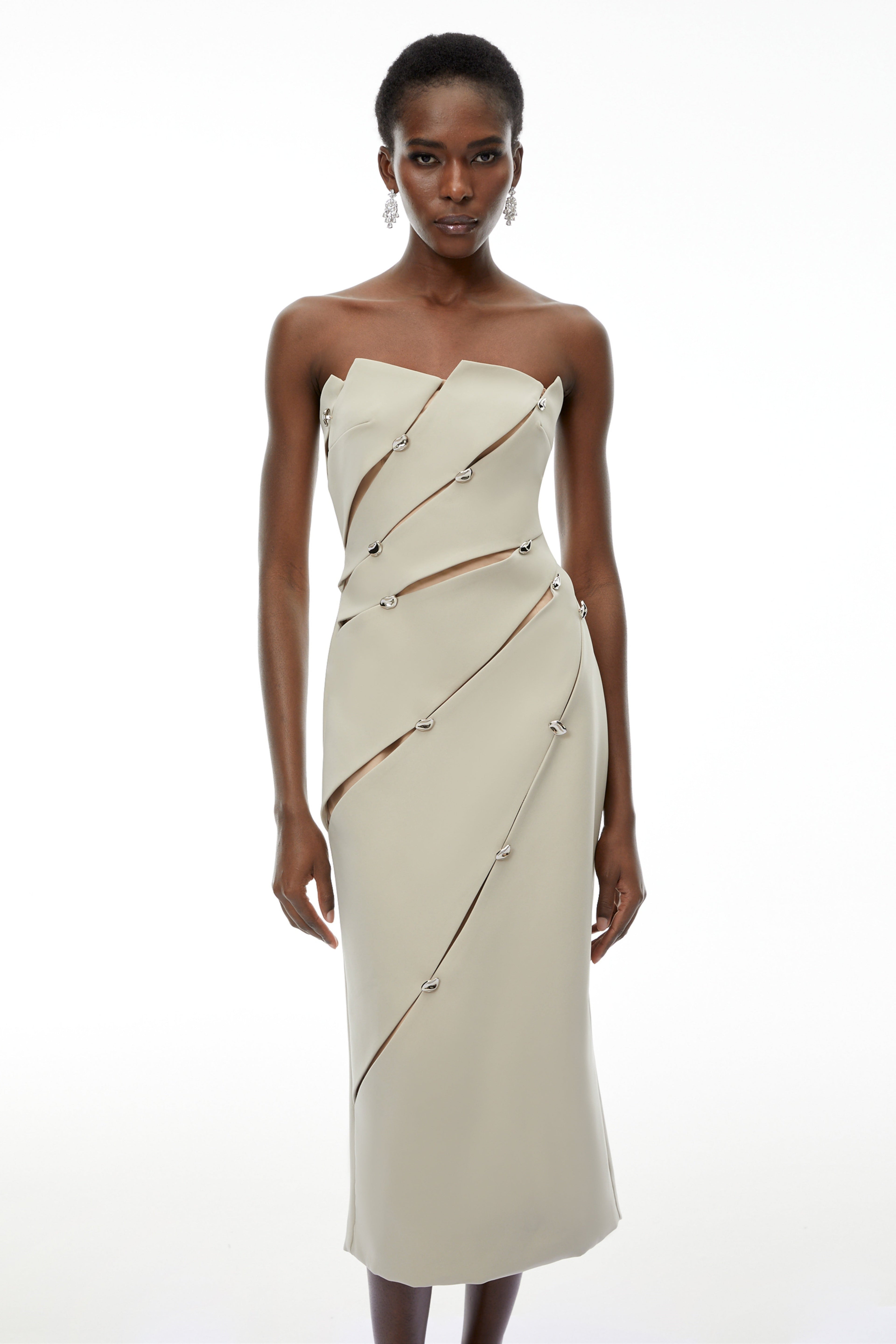 angela Asymmetrical Off Shoulder Midi Dress in Khaki